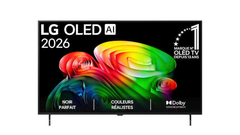 La vue avant de la LG OLED AI B6, lancée en 2026, affiche une image de formes multicolores superposées, avec le noir absolu et les couleurs fidèles, ainsi que le badge OLED TV n° 1 au monde pendant 13 ans.